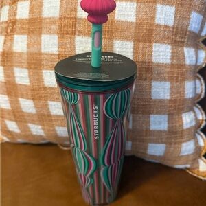 Starbucks Teal and Pink Striped Reusable Tumbler with Decorative Straw Top